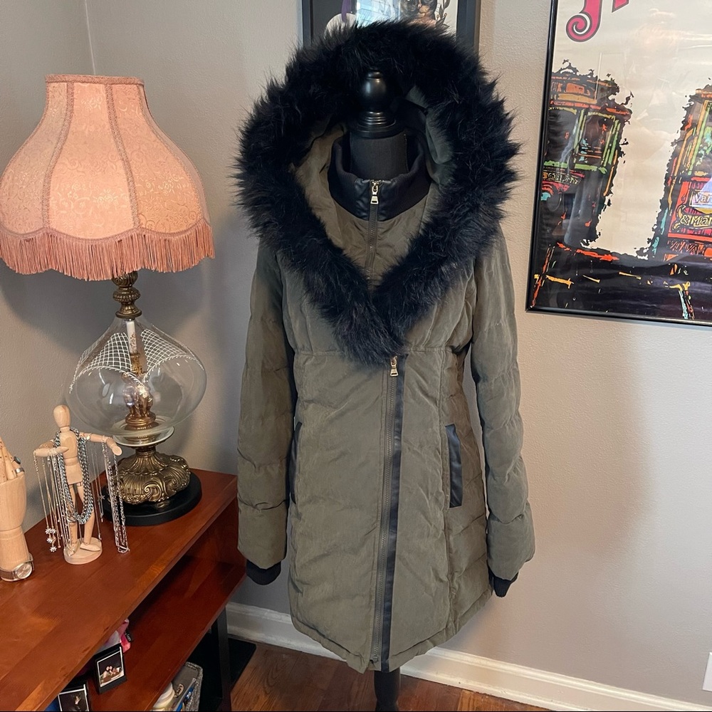 Express Green Winter Coat with Hood and Gold and Leatherette Details